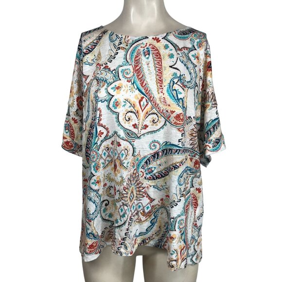 CHICO'S- WOMEN'S 3/XL - WHITE PAISLEY SHORT SLEEVE ROUND NECK LINEN TOP SHIRT - Picture 1 of 8